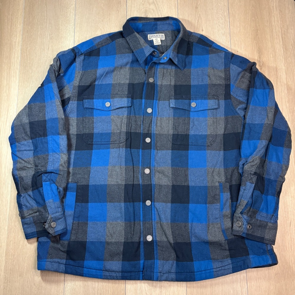 Duluth Trading Co Mens XXL Fleece Lined Flannel Shirt Jacket Blue Plaid Snap